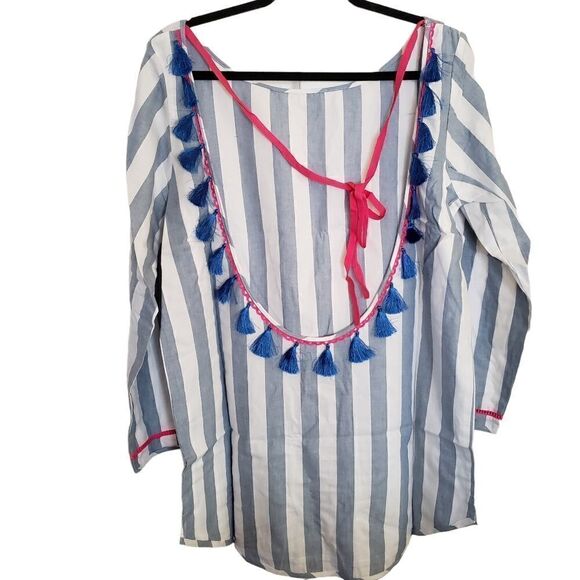 Soleil Open Back Tassel Striped Long Sleeve Mini Dress Size medium - Picture 4 of 10